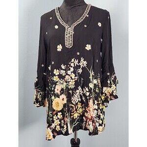 Coco + Carmen L/XL Tunic Floral Tiered Ruffle Sleeve Boho Bead Embellished Top